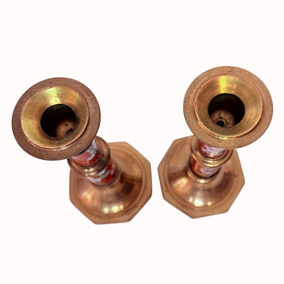 Cloisonne Brass Candlestick Holders Floral Bird Set Of 2 VTG Eclectic Home Decor - Picture 6 of 15